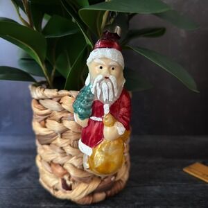 Antique 1930s Blown Glass Santa Ornament: Mica Trim, Vintage Christmas Decor